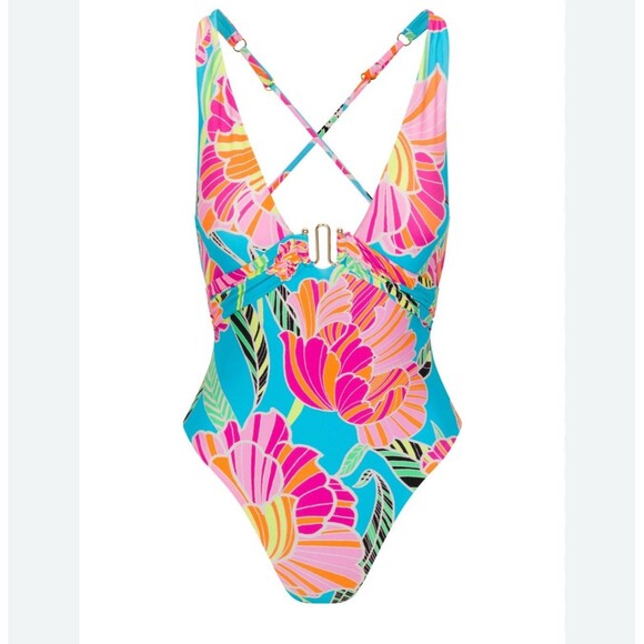 Trina Turk Poppy Belted Plunge One Piece Swimsuit Sz 10 New - Picture 1 of 9